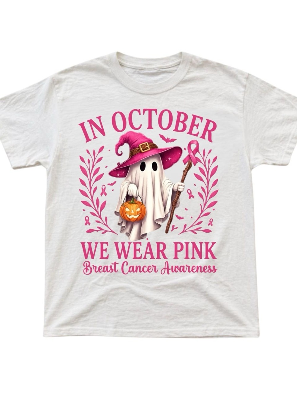 White Tee with Pink Halloween Ghost Breast Cancer Design